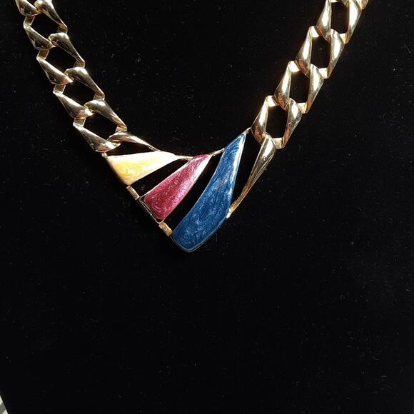 Geometric Statement Necklace Gold Tone with Colored Enamel - Picture 2 of 7